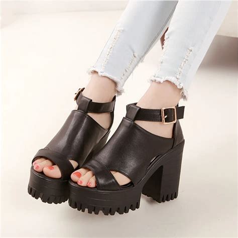 Open Toe Caged Summer Women Shoes Black Leather Peep Toe Flat Platform High Heel Gladiator
