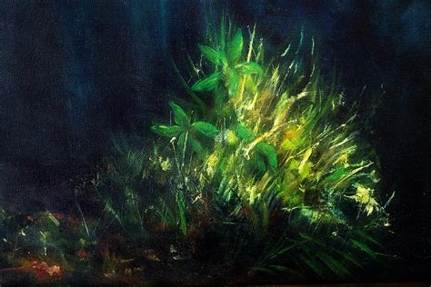 Color Oil Painting Green Plant On Dark Blue Background
