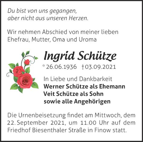 Traueranzeigen Von Ingrid Schütze Märkische Onlinezeitung Trauerportal