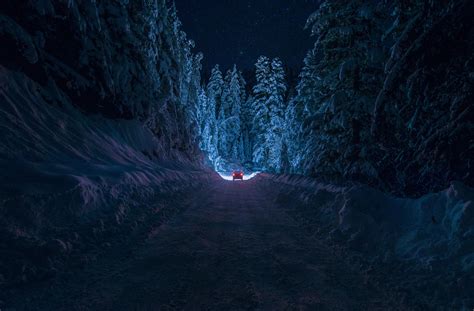Hd Bulgaria Kyustendil Winter Road Snow Forest Night Car Light Sky
