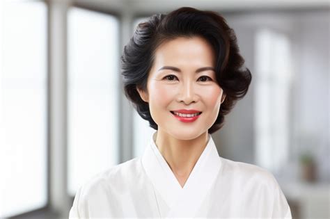 Premium Ai Image Portrait Of Happy Middle Aged Asian Woman In White Kimono