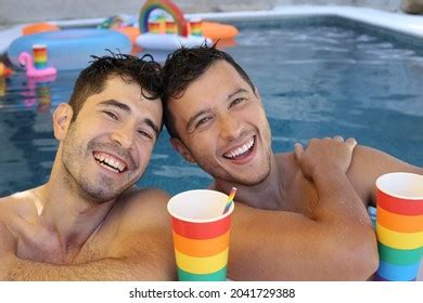 Gorgeous Interracial Gay Couple Swimming Pool Stock Photo 2041729388