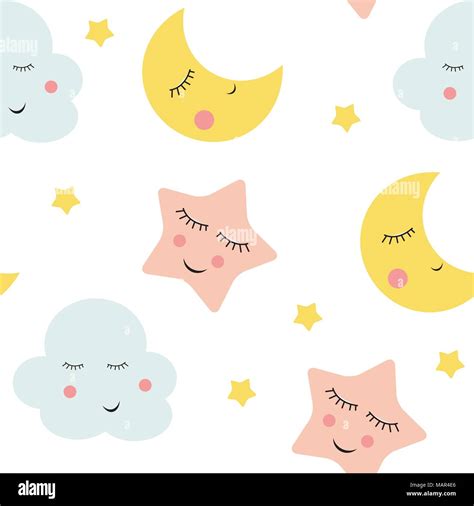 Cute Clouds Star And Moons Seamless Pattern Background Vector