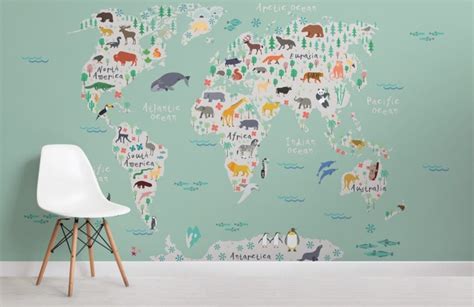 World Map Wall Mural Children Map With Animal Map Wallpaper Nursery
