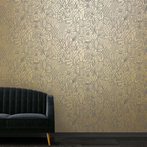 Pop By Erica Wakerly Grey Flock Gold Lustre Wallpaper Wallpaper