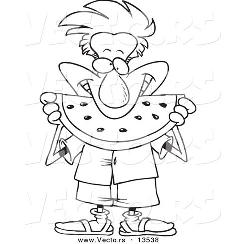Print and color summer pdf coloring books from primarygames. Vector of a Cartoon Man Eating Watermelon - Coloring Page ...