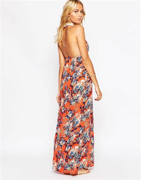 Asos Wisteria Floral Deep Plunge Maxi Beach Dress In Gray Lyst