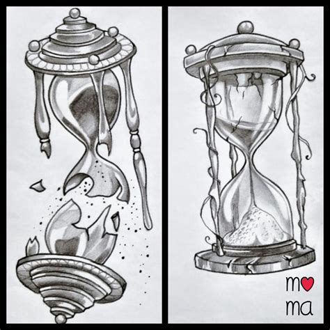 Two Drawings Of An Hourglass With Sand Coming Out Of It And Another