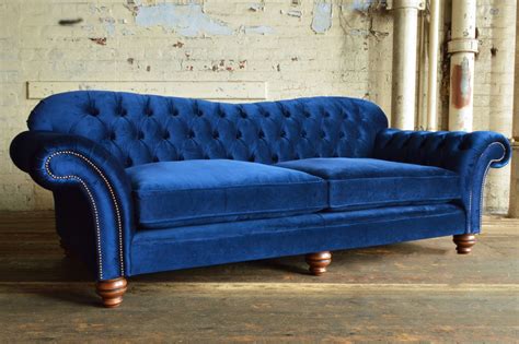 Custom Navy Blue Velvet Leather Chesterfield Sofa With Tufted Seat Of