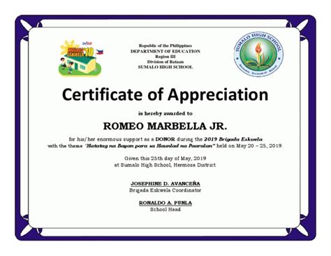2019 Brigada Eskwela Sample Certificate For Donor Pdf