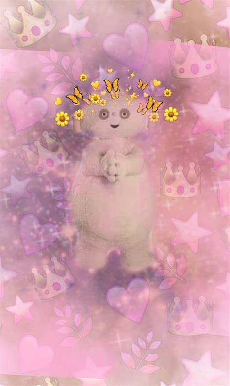 A White Teddy Bear Wearing A Crown Surrounded By Hearts And Stars On A Pink Background