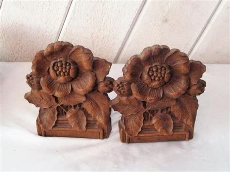 Pair Of Wood Floral Bookends Wooden Metal Bookends Carved Etsy