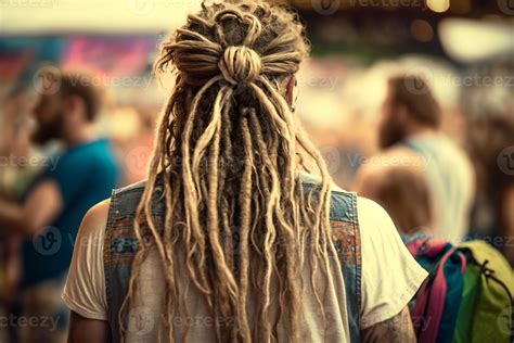 Hippie Man With Dreadlocks In Festival Back View Illustration