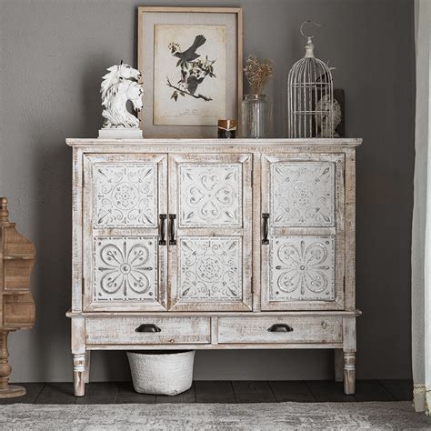 Farmhouse Distressed White Cabinet Artistic Surface With 2 Doors 2