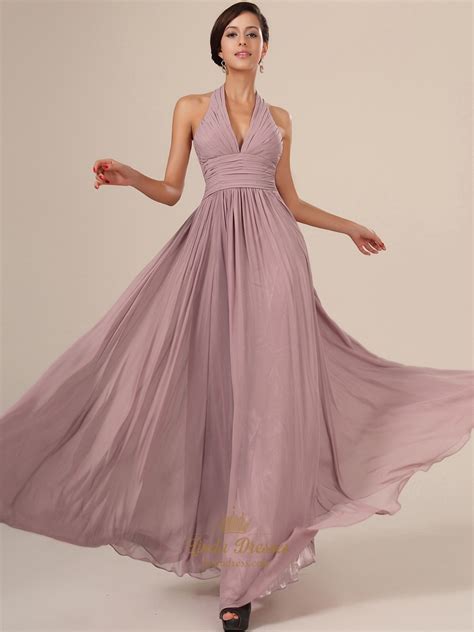 Skin Pink Chiffon A Line Halter V Neck Prom Dress With Pleated Bust