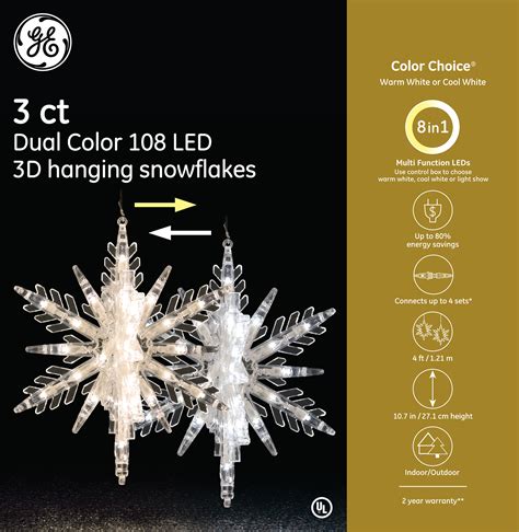 89254 Ge Color Choice Led 3pc 3d Hanging Snowflakes 108ct Warm
