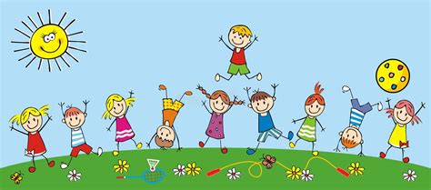 Group Happy Kids Jumping Summer Meadow Stock Illustrations 146 Group