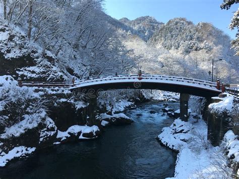 Shinkyo Red Bridge Under White Snow In Nikko Japan Stock
