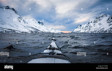 Winter Kayaking In Ersfjord Kvaloya Near Tromso Northern Norway Stock