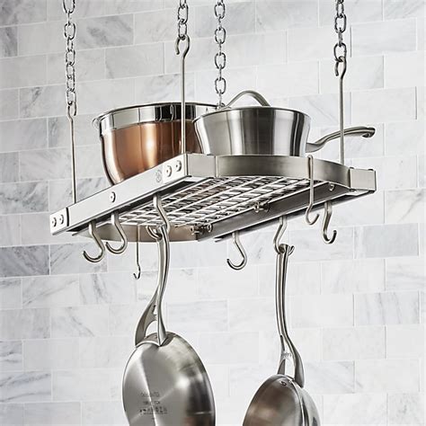 This rectangular wooden pot rack has 12 hooks and a wide grid surface in the middle. J.K. Adams Small Grey Ceiling Pot Rack | Crate and Barrel