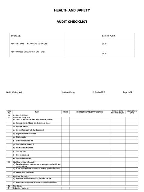 Blank Audit Template Occupational Safety And Health Personal