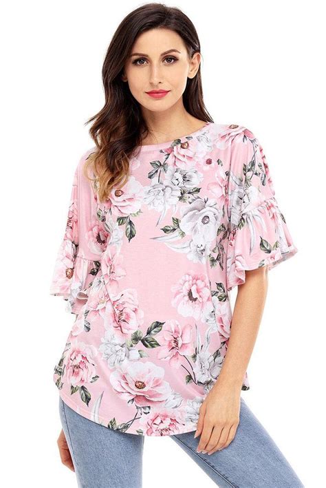 Women Pink Big Floral Print Ruffle Sleeve Top Ruffled Sleeve Top Fashion New Style Tops
