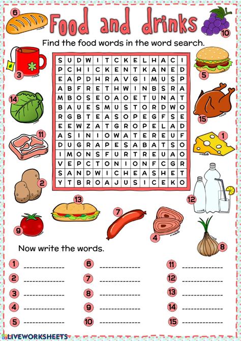 Check spelling or type a new query. Food and drinks - word search worksheet