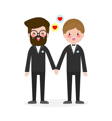 Happy Gay Couple In Wedding Attire And Flat Modern Style Illustration