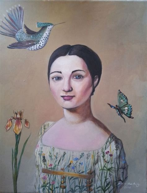 A Painting Of A Woman And Two Birds Flying Over Her Head With Flowers