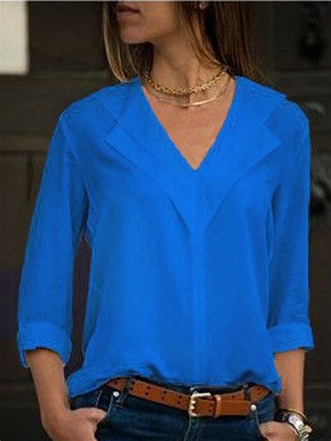 Women V Neck Solid Color Long Sleeve Blouse Noracora