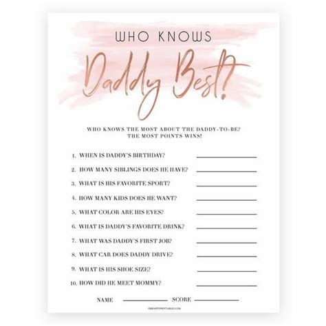 Ask the guests questions to see how much they know about the baby shower charades: Who Knows Daddy Best Game - Pink Swash in 2020 | Peach baby shower, Baby shower printables, Baby ...