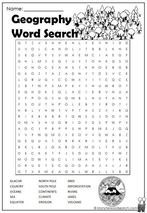 Click on puzzle pdf to see puzzle. Geography Word Search- Monster Word Search