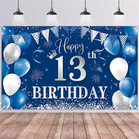13th birthday backdrop banner btzo happy 13th birthday decorations blue silver fabric photo
