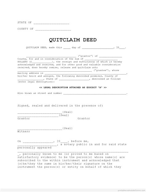 Free Printable Blank Quitclaim Deed Example Form Pdf