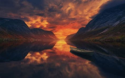 Sunset Boat Mountains Lake Landscape Sky Nature Summer Water