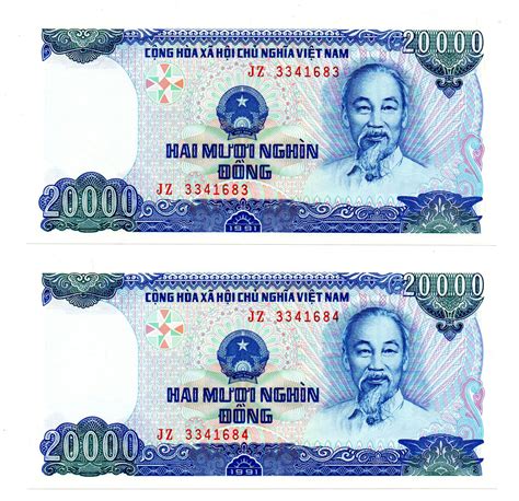 Vietnám 20000 Dong Bankjegy 1991 Sorszámkövető Pár Eremshophu