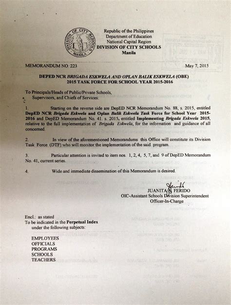 Department Of Education Manila Division Memorandum No 223 Deped Ncr