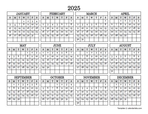 2025 Blank Yearly Calendar Landscape Free Printable Templates