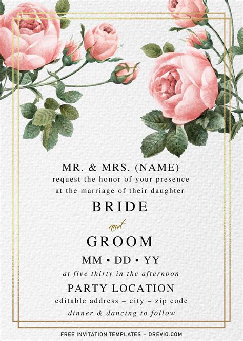 Free Gold Vintage Rose Wedding Invitation Templates For Word Download