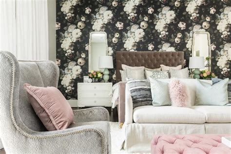 Contemporary Gray And Pink Master Bedroom With Bold Floral