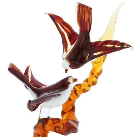 Murano Sculptures Murano Glass Birds On A Branch Golden Brown Red