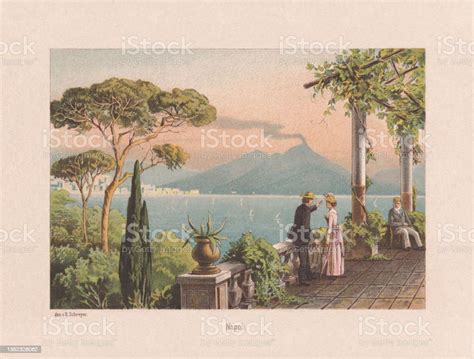 Historical View Of Naples Italy With Vesuvius Chromolithograph Published 1890 Stock Illustration