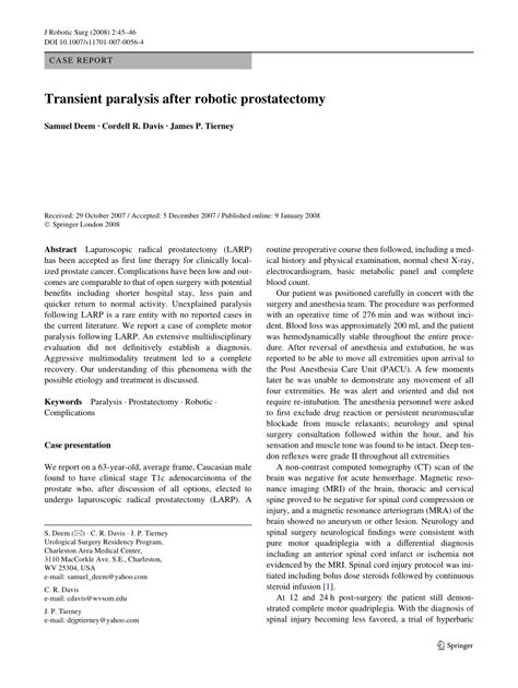 PDF Transient Paralysis After Robotic Prostatectomy