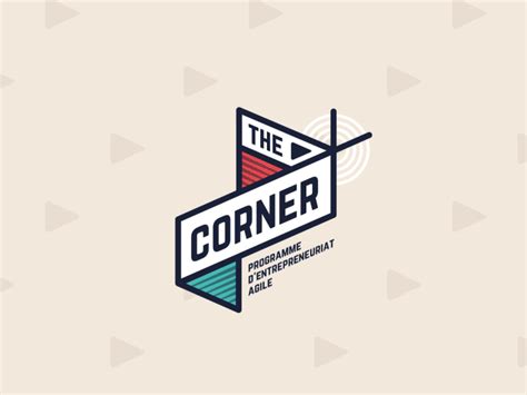 The Corner Logo On A Beige Background With Triangular Shapes And Arrows