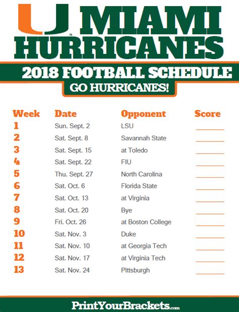 2018 Printable Miami Hurricanes Football Schedule Printable College Football Schedules