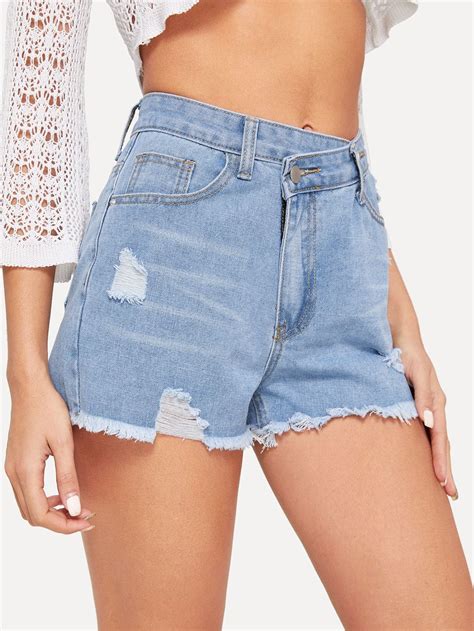 Asymmetric Waist Ripped Raw Hem Denim Shorts Rippedwaistasymmetric