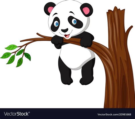 Cartoon Funny Panda Hanging On The Tree Vector Image On Vectorstock