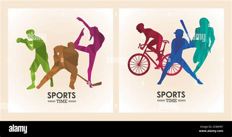 Sports Time Poster With Athletes Figures Silhouettes Frames Vector