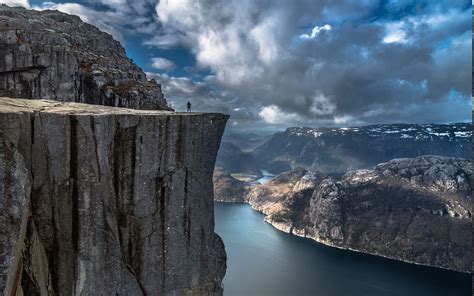 Nature Landscape Fjord Alone Cliff Mountain Norway Preikestolen