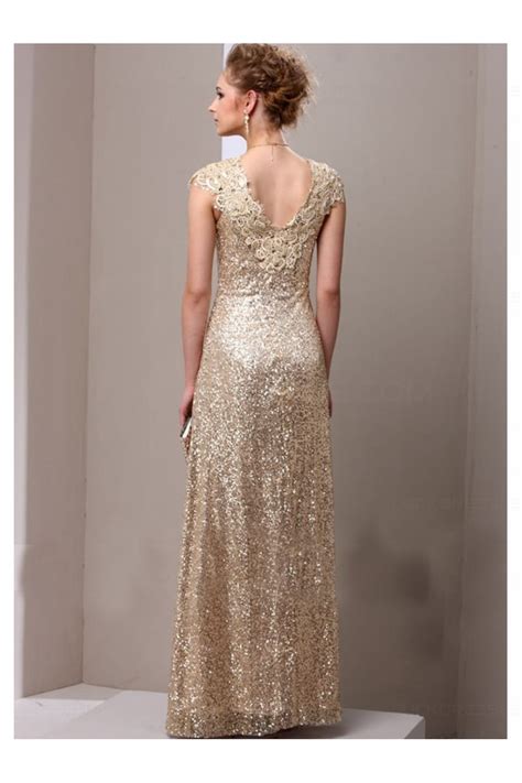 Sheath Gold Sequins Lace V Neck Long Mother Of The Bride Dresses 3040014
